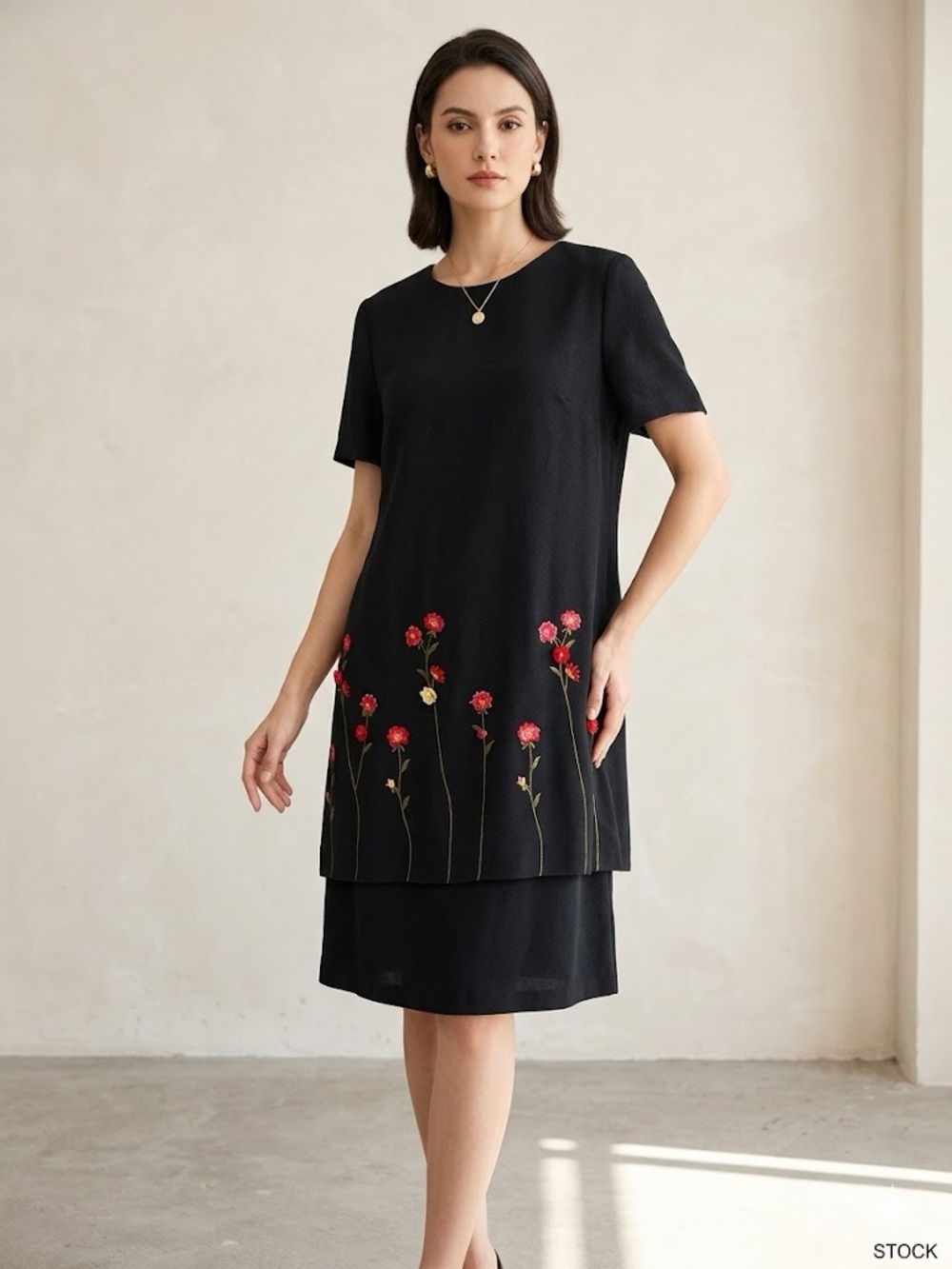Vintage Black Short Sleeve Tunic Dress with Red Floral Embroidery